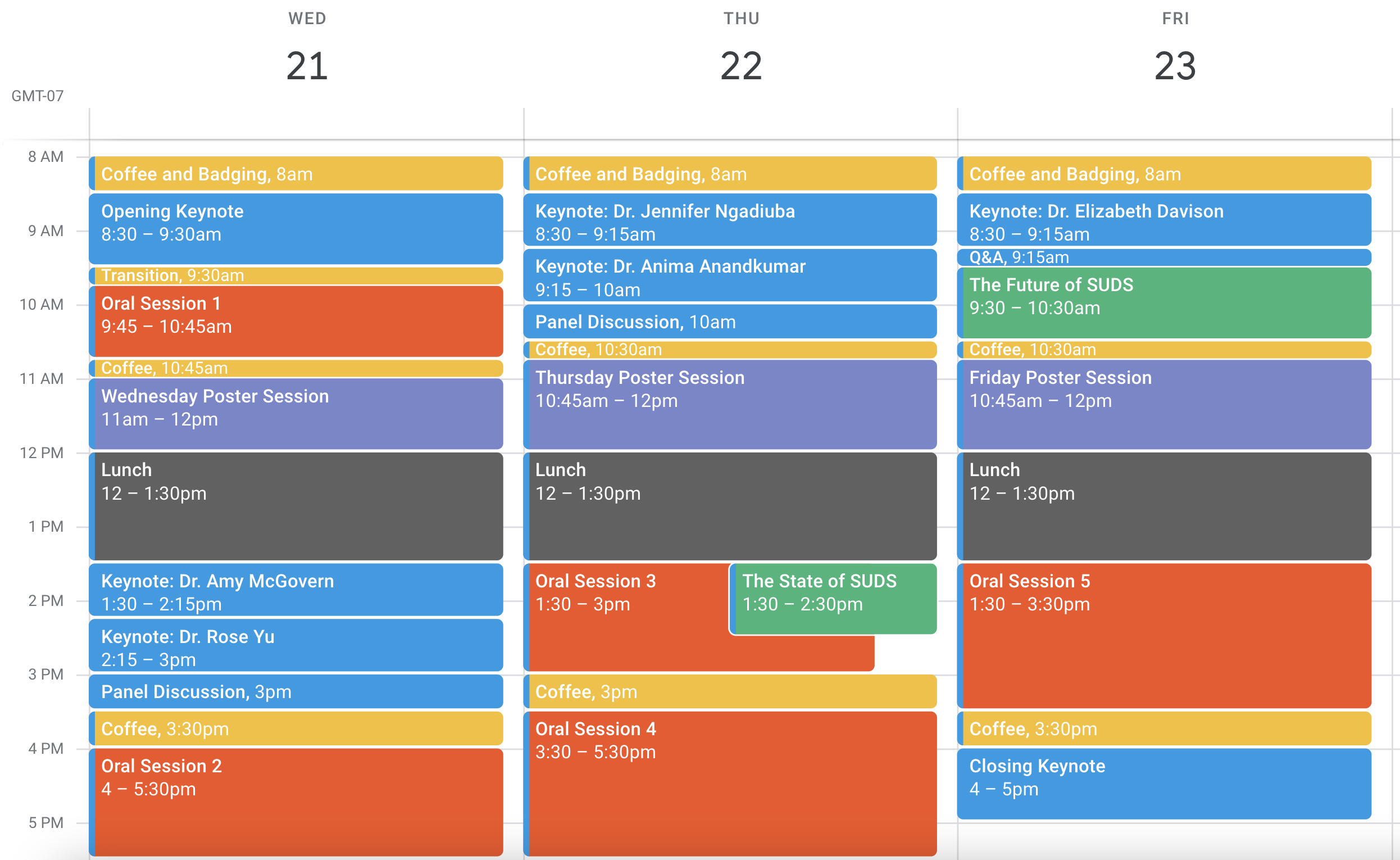 A table summarizing the SUDS workshop and conference schedule.